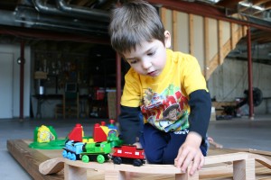 Playing "Thomas the Train" in the basement