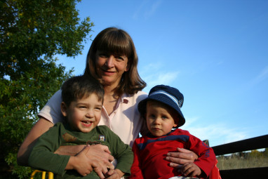 Mom and the boys in the backyard